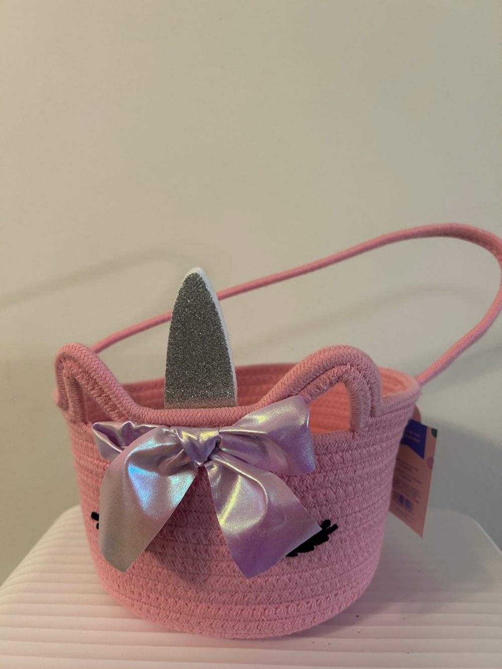 Spritz Pink Unicorn Kids Rope Basket with Iridescent Bow with Easter grass